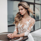 Vestidos de novia de satén NumberSea, estilo bohemio, de manga corta, con lazo y bolsillo, con apliques de encaje, hechos a medida