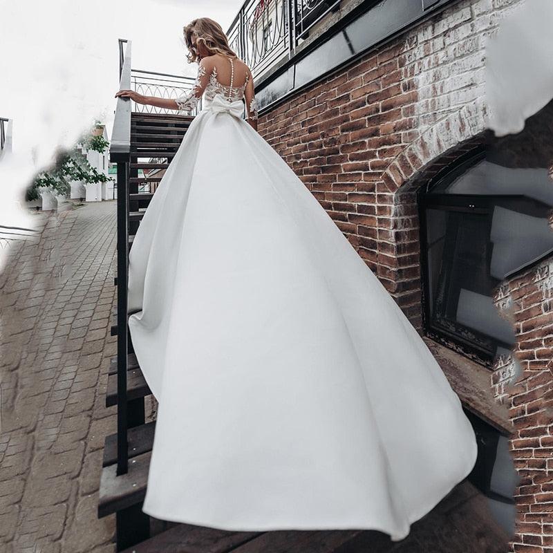 Vestidos de novia de satén NumberSea, estilo bohemio, de manga corta, con lazo y bolsillo, con apliques de encaje, hechos a medida