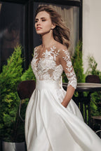 Vestidos de novia de satén NumberSea, estilo bohemio, de manga corta, con lazo y bolsillo, con apliques de encaje, hechos a medida