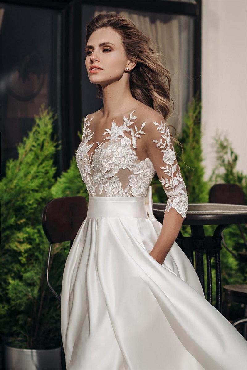 Vestidos de novia de satén NumberSea, estilo bohemio, de manga corta, con lazo y bolsillo, con apliques de encaje, hechos a medida