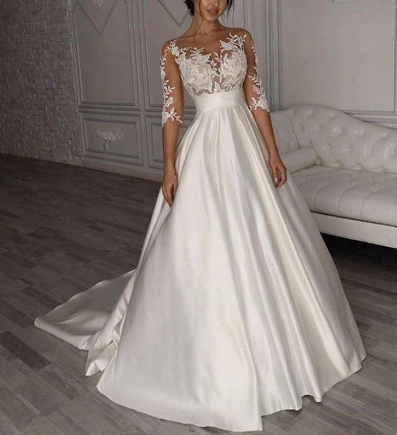 Vestidos de novia de satén NumberSea, estilo bohemio, de manga corta, con lazo y bolsillo, con apliques de encaje, hechos a medida