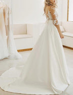 Vestidos de novia de satén NumberSea, estilo bohemio, de manga corta, con lazo y bolsillo, con apliques de encaje, hechos a medida