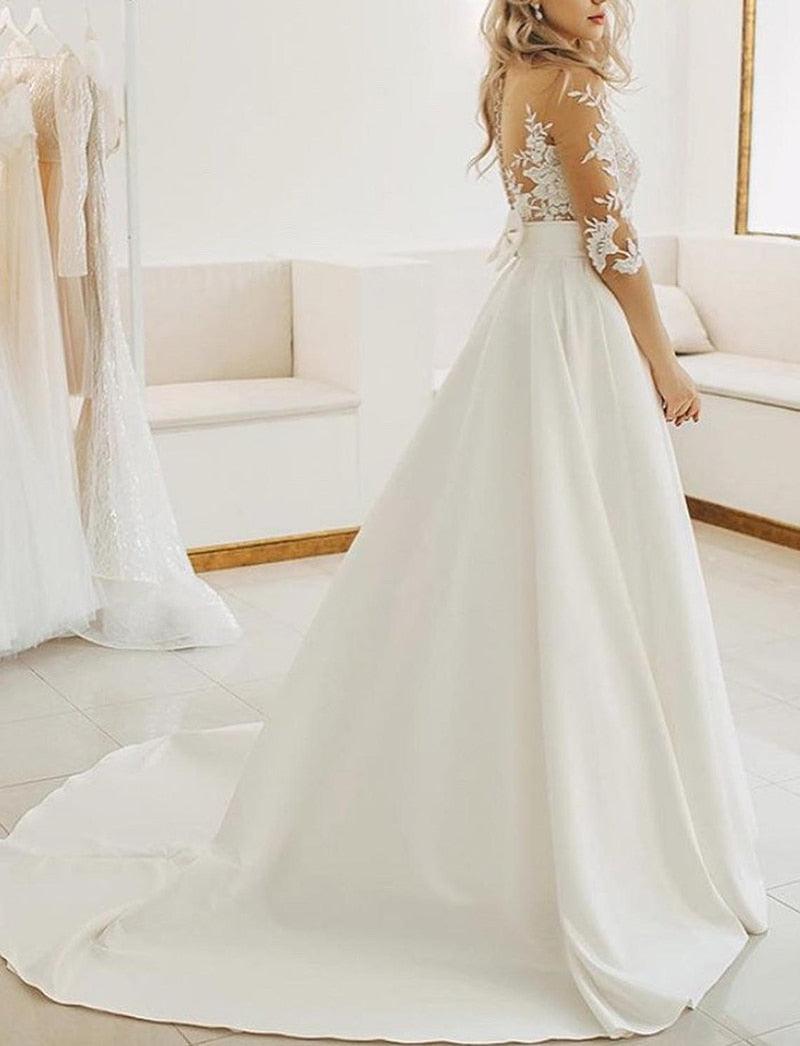Vestidos de novia de satén NumberSea, estilo bohemio, de manga corta, con lazo y bolsillo, con apliques de encaje, hechos a medida