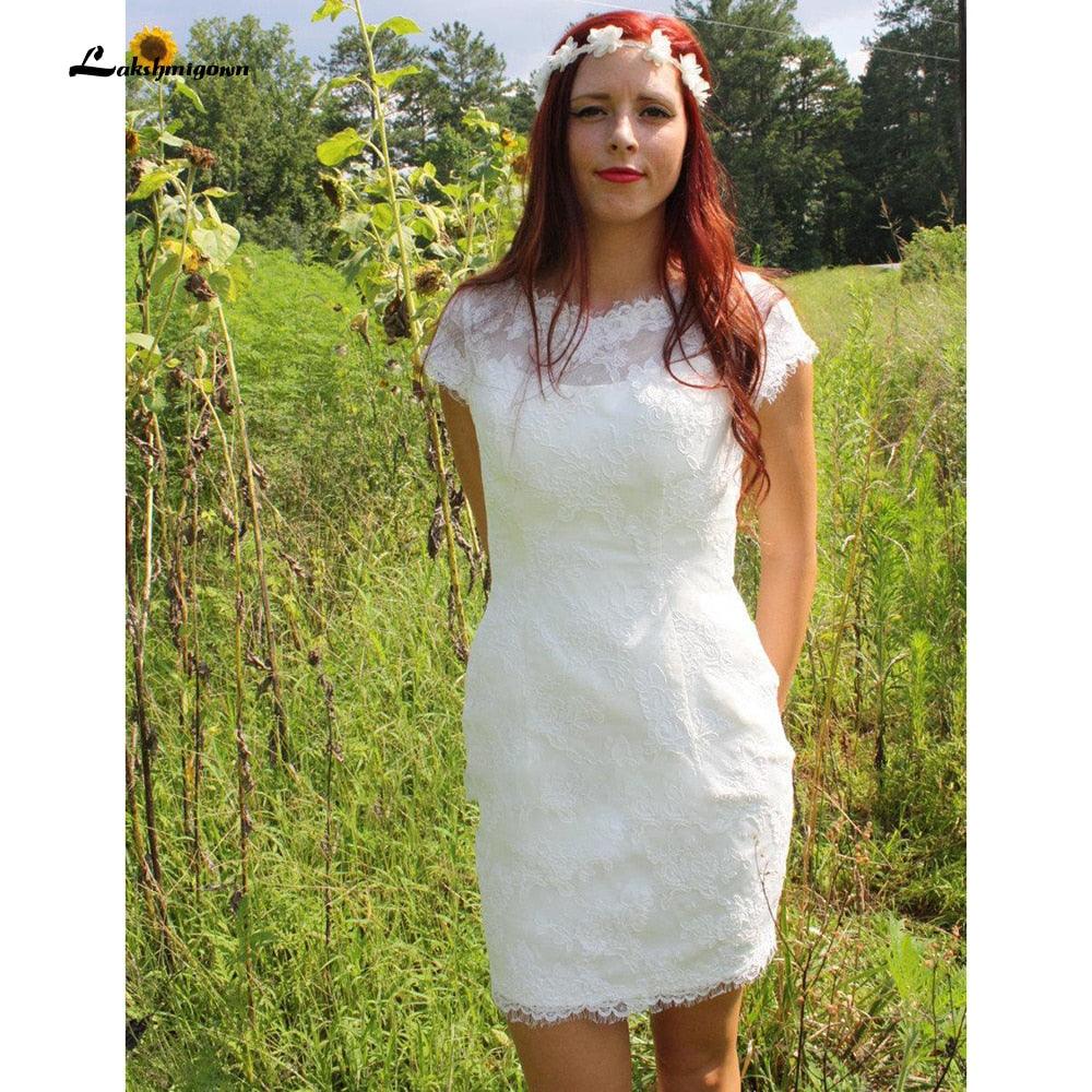Vestidos de novia cortos de verano NumberSea 2021, con mangas cortas y escote en V pronunciado, vestido de novia de encaje con columna corta, vestido de casamento