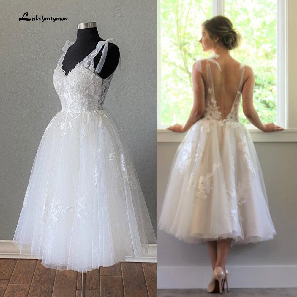 NumberSea-vestidos De Novia cortos, Vestido De novia largo hasta el té con cuello en V y apliques De encaje, Vestido De Novia 2021