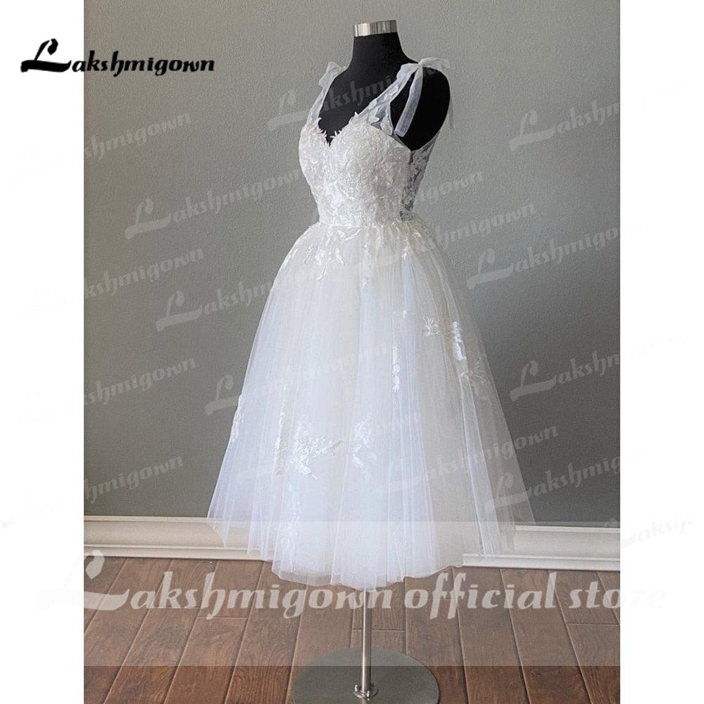 NumberSea-vestidos De Novia cortos, Vestido De novia largo hasta el té con cuello en V y apliques De encaje, Vestido De Novia 2021