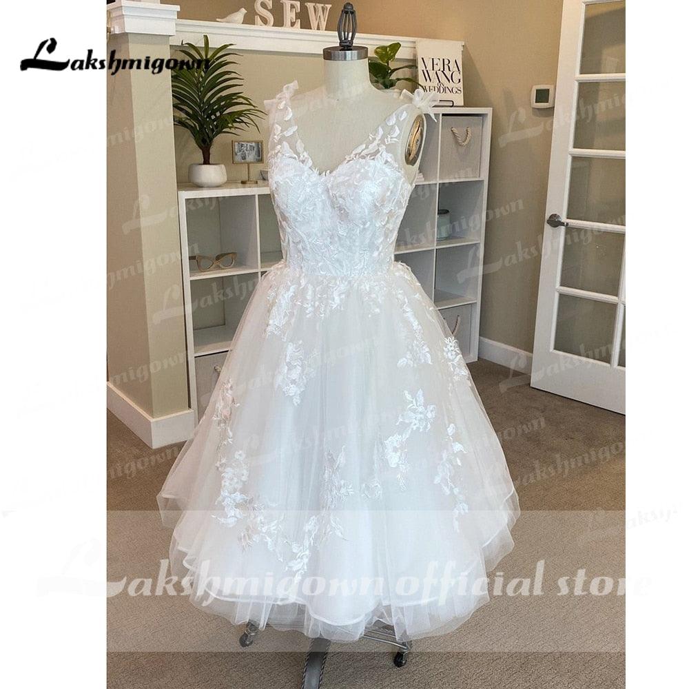 NumberSea-vestidos De Novia cortos, Vestido De novia largo hasta el té con cuello en V y apliques De encaje, Vestido De Novia 2021