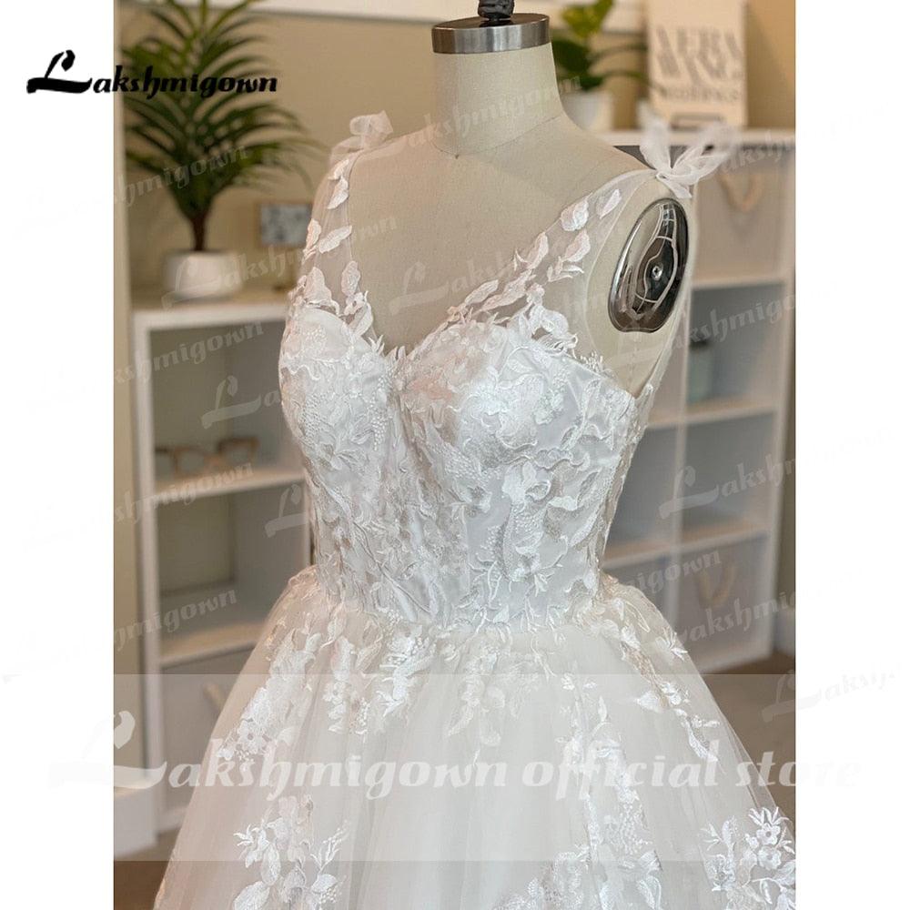 NumberSea-vestidos De Novia cortos, Vestido De novia largo hasta el té con cuello en V y apliques De encaje, Vestido De Novia 2021