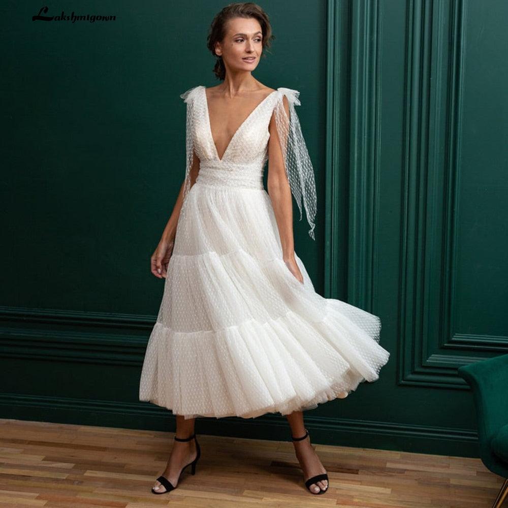 NumberSea Vintage marfil tul vestidos de novia cortos espaguetis una línea té longitud vestidos de novia bata de velada corte bata de mariee