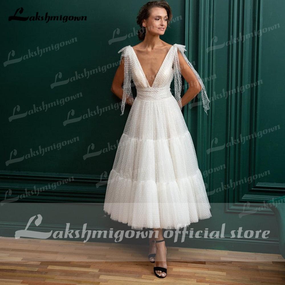NumberSea Vintage marfil tul vestidos de novia cortos espaguetis una línea té longitud vestidos de novia bata de velada corte bata de mariee