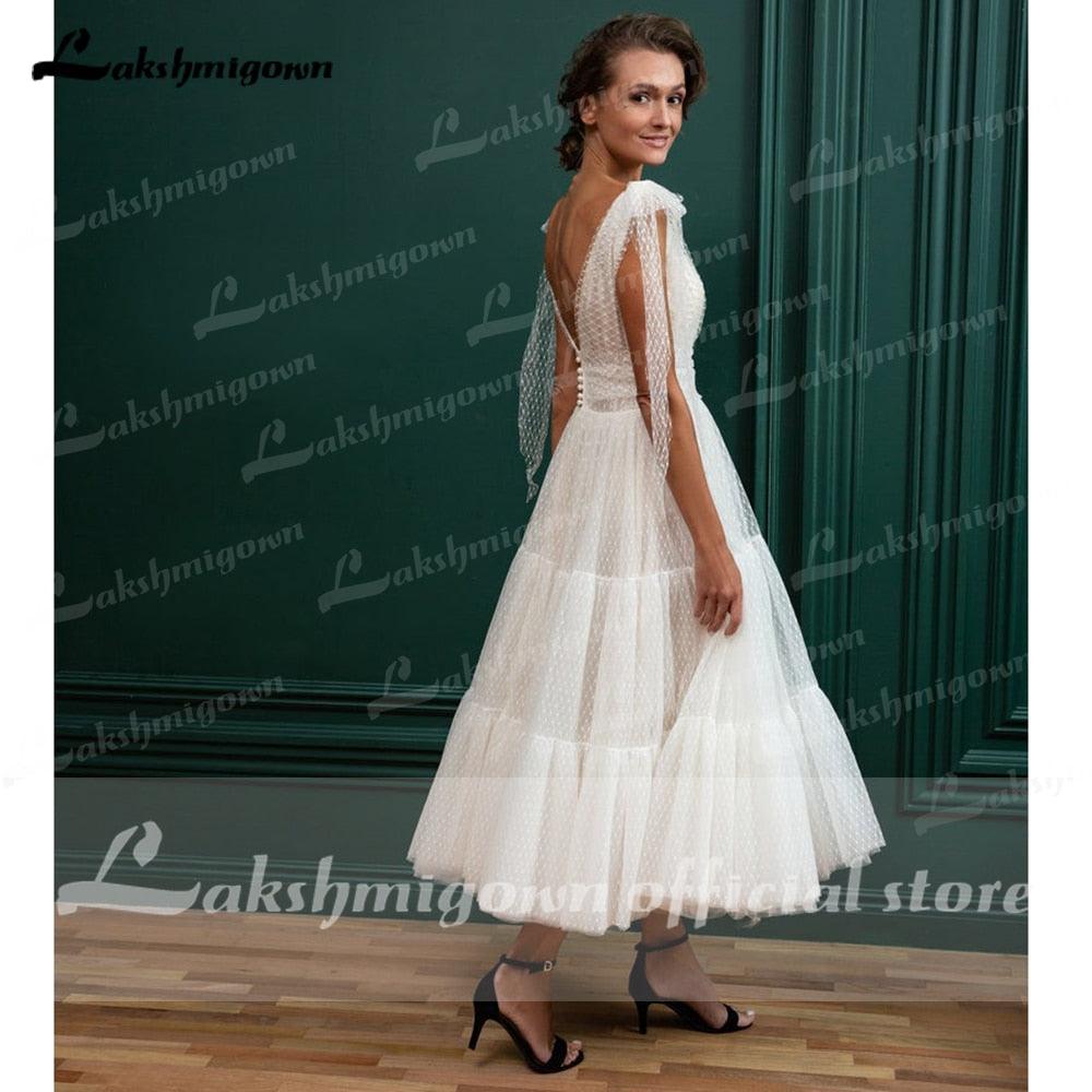 NumberSea Vintage marfil tul vestidos de novia cortos espaguetis una línea té longitud vestidos de novia bata de velada corte bata de mariee