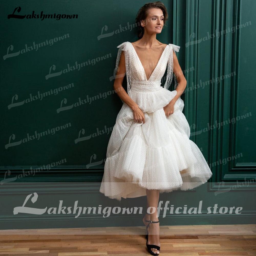 NumberSea Vintage marfil tul vestidos de novia cortos espaguetis una línea té longitud vestidos de novia bata de velada corte bata de mariee