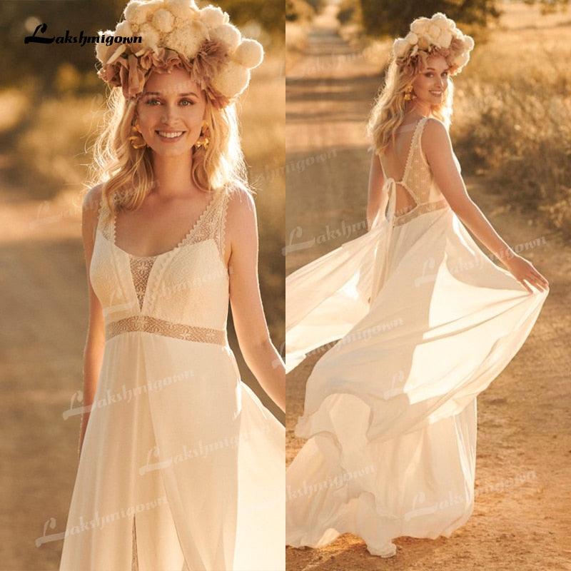 Vestido de novia de encaje bohemio sencillo NumberSea 2021, vestido de novia de playa con cuello en V, gasa, corte A, vestido de novia sin espalda, vestido de novia Brautkleid