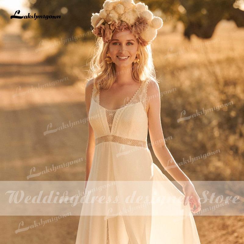 Vestido de novia de encaje bohemio sencillo NumberSea 2021, vestido de novia de playa con cuello en V, gasa, corte A, vestido de novia sin espalda, vestido de novia Brautkleid