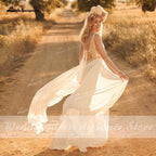 Vestido de novia de encaje bohemio sencillo NumberSea 2021, vestido de novia de playa con cuello en V, gasa, corte A, vestido de novia sin espalda, vestido de novia Brautkleid