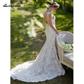 NumberSea - Vestido de novia de sirena con ilusión sexy, escote en V, cola de corte, encaje completo, tirantes finos, espalda descubierta y apliques con botones