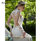 NumberSea - Vestido de novia de sirena con ilusión sexy, escote en V, cola de corte, encaje completo, tirantes finos, espalda descubierta y apliques con botones