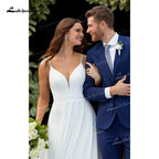 Vestido de novia NumberSea 2021, sencillo, corte A, de satén suave, con escote en V, sin mangas, encaje, tirantes finos, falda oculta, bolsillos y espalda descubierta.