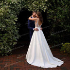 Vestido de novia NumberSea 2021, sencillo, corte A, de satén suave, con escote en V, sin mangas, encaje, tirantes finos, falda oculta, bolsillos y espalda descubierta.