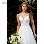 Vestido de novia NumberSea 2021, sencillo, corte A, de satén suave, con escote en V, sin mangas, encaje, tirantes finos, falda oculta, bolsillos y espalda descubierta.