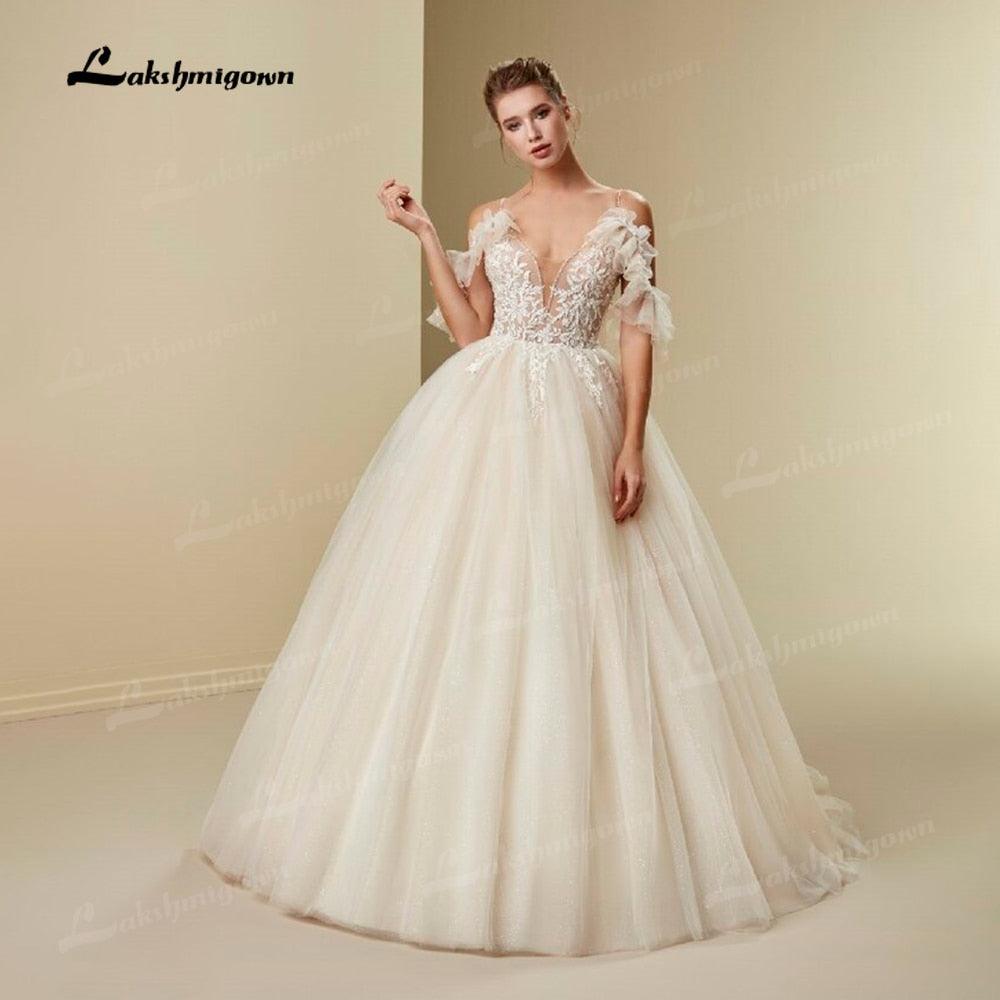 Vestido de novia estilo princesa NumberSea, estilo bohemio, 2021, con flores 3D, escote en V, tirantes finos, encaje