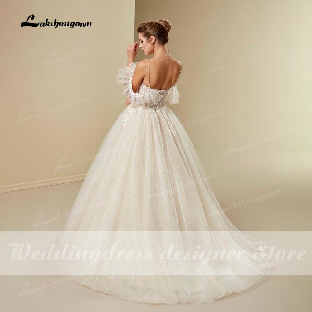 Vestido de novia estilo princesa NumberSea, estilo bohemio, 2021, con flores 3D, escote en V, tirantes finos, encaje