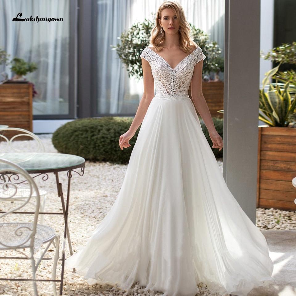 Vestido de verano NumberSea para boda, elegante vestido de novia bohemio 2021, vestido de fiesta de encaje de gasa blanco roto con vuelo sexy para mujer