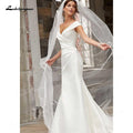 NumberSea Schlichte, weiche Meerjungfrau-Brautkleider aus Satin mit V-Ausschnitt, Flügelärmeln, offenem Rücken, ärmellos, Falten, Hofschleppe, Brautkleider abiti da sposa