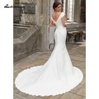 NumberSea Schlichte, weiche Meerjungfrau-Brautkleider aus Satin mit V-Ausschnitt, Flügelärmeln, offenem Rücken, ärmellos, Falten, Hofschleppe, Brautkleider abiti da sposa