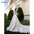 Vestidos de novia NumberSea de satén suave, corte A, escote corazón, media manga abullonada, corsé con cuentas, espalda abierta, cola capilla, plisado
