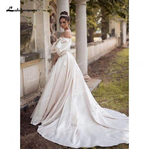 NumberSea Weiches Satin A-Linie Brautkleider Herzausschnitt Puffärmel Halbarm Mit Perlen Korsett Offener Rücken Kapelle Schleppe Brautkleider Falte