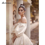 Vestidos de novia NumberSea de satén suave, corte A, escote corazón, media manga abullonada, corsé con cuentas, espalda abierta, cola capilla, plisado