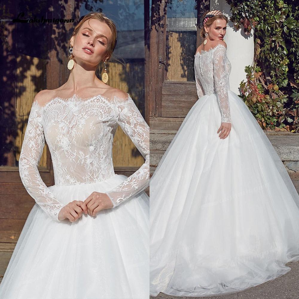 Vestidos de novia estilo princesa de playa vintage NumberSea, vestido de fiesta de manga larga con cuello barco, vestido de novia bohemio blanco