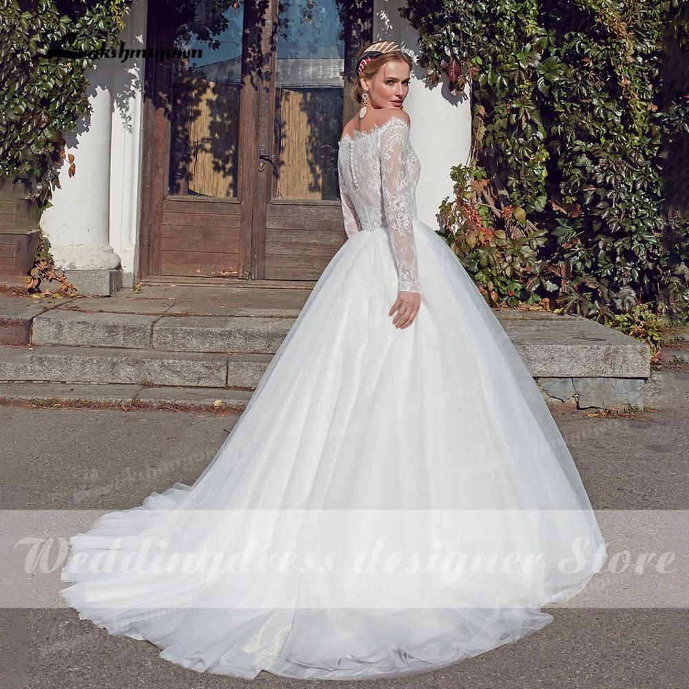 Vestidos de novia estilo princesa de playa vintage NumberSea, vestido de fiesta de manga larga con cuello barco, vestido de novia bohemio blanco