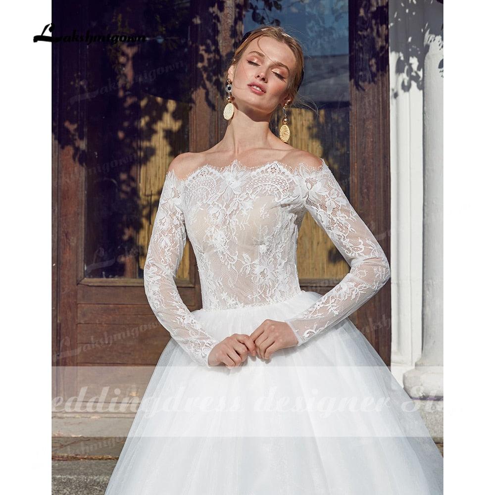 Vestidos de novia estilo princesa de playa vintage NumberSea, vestido de fiesta de manga larga con cuello barco, vestido de novia bohemio blanco