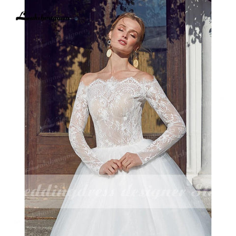 NumberSea Vintage Beach Princess Wedding Dresses Long Sleeve Ball Gown Boat Neck Robe Mariee White Boho Bridal Gowns vestido de novia