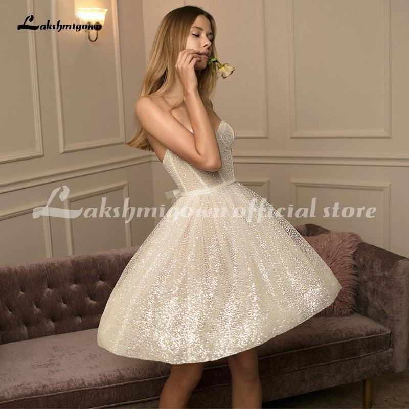 Vestidos de novia cortos NumberSea con escote corazón brillante 2021, sin mangas, ilusión, corte A, vintage, con brillo, vestidos de novia Lakshmigown