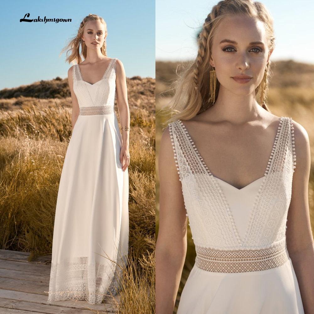 Vestido de novia de playa sencillo NumberSea, bata de encaje para boda 2021, elegante vestido de novia bohemio con espalda abierta y encaje Lakshmigown