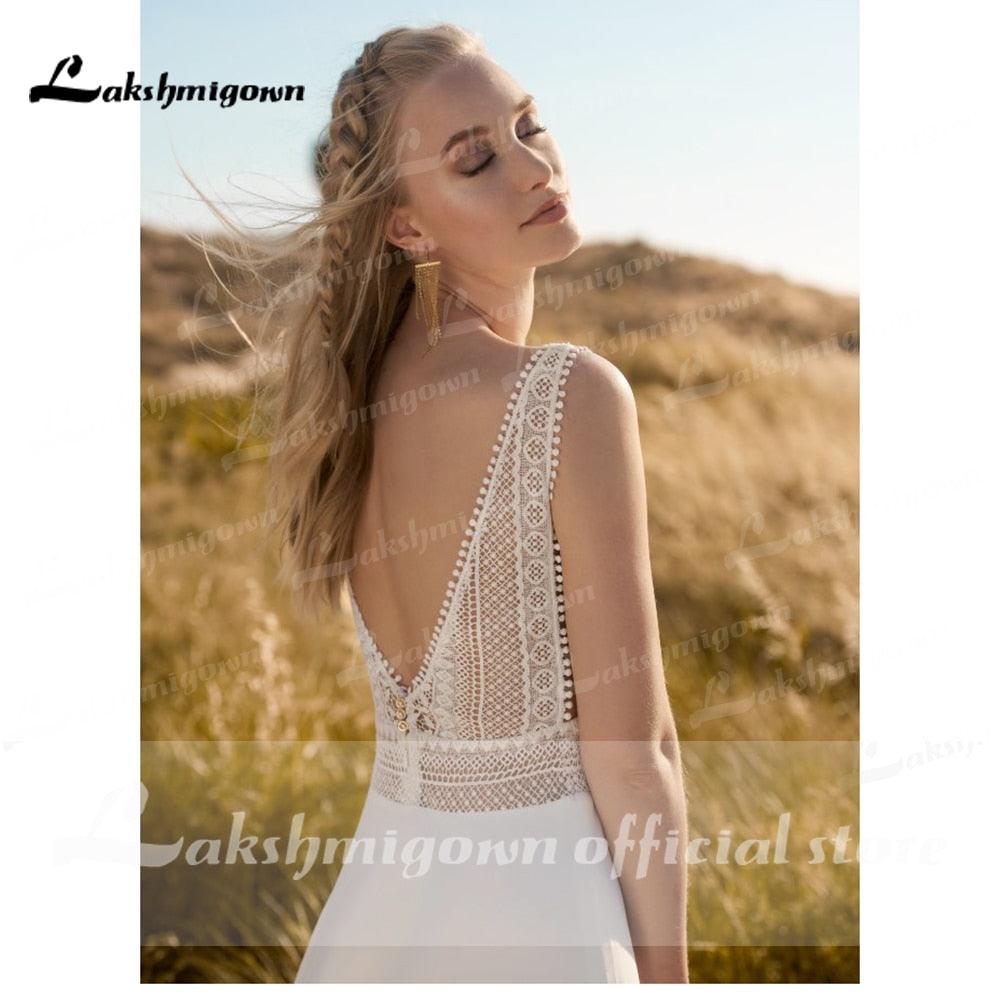 Vestido de novia de playa sencillo NumberSea, bata de encaje para boda 2021, elegante vestido de novia bohemio con espalda abierta y encaje Lakshmigown