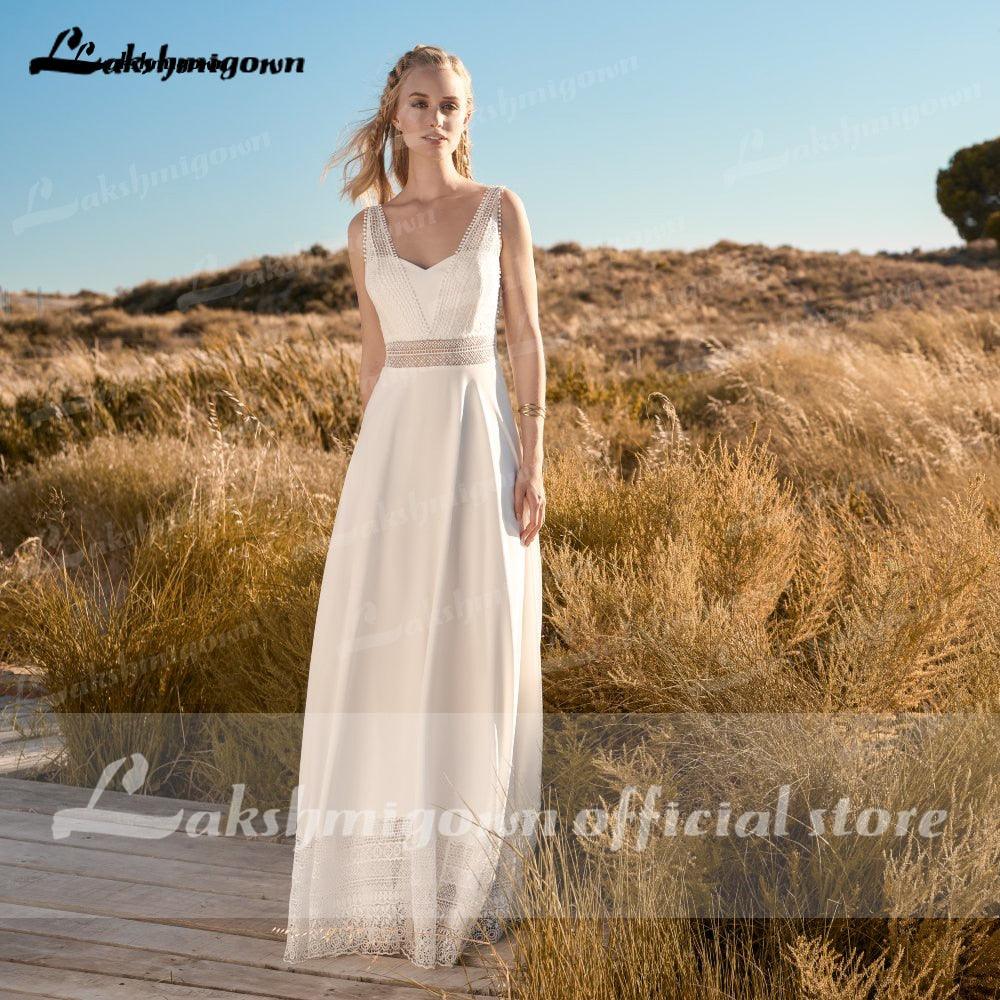 Vestido de novia de playa sencillo NumberSea, bata de encaje para boda 2021, elegante vestido de novia bohemio con espalda abierta y encaje Lakshmigown