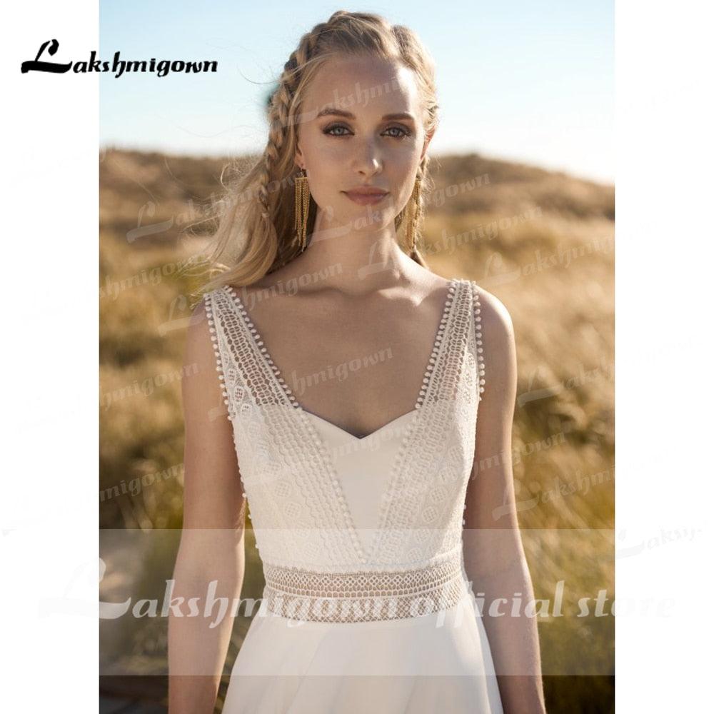 Vestido de novia de playa sencillo NumberSea, bata de encaje para boda 2021, elegante vestido de novia bohemio con espalda abierta y encaje Lakshmigown