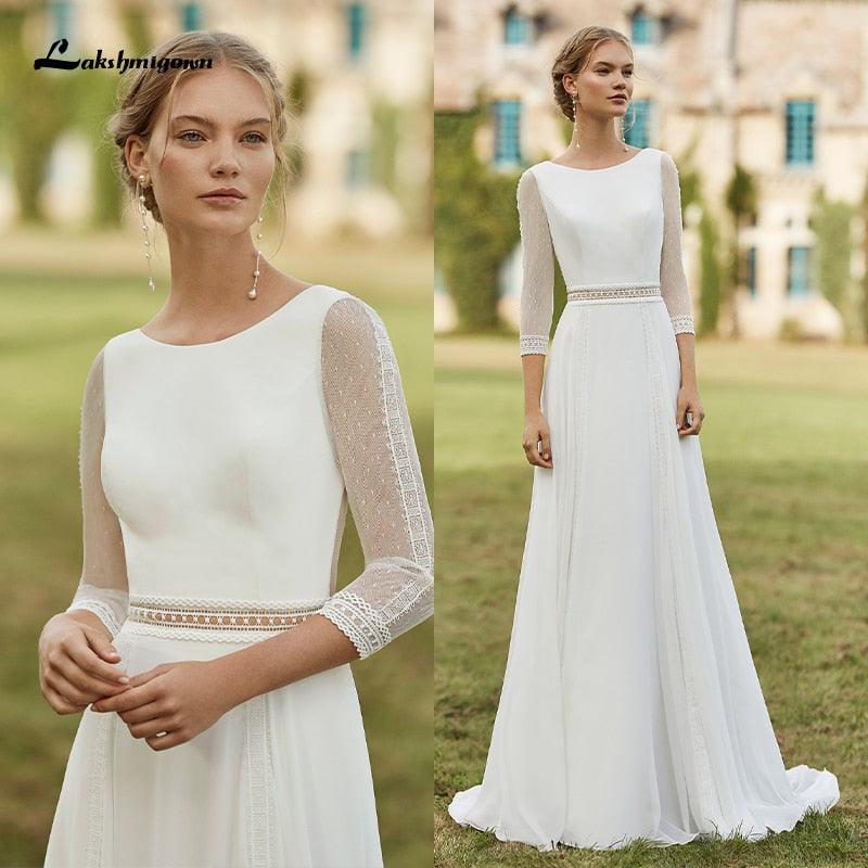 Vestidos de novia bohemios sencillos NumberSea 2021 con cola extraíble, escote redondo, gasa, corte A y mangas 3/4