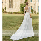 Vestidos de novia bohemios sencillos NumberSea 2021 con cola extraíble, escote redondo, gasa, corte A y mangas 3/4