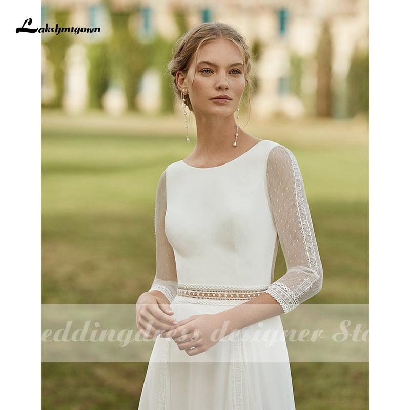 Vestidos de novia bohemios sencillos NumberSea 2021 con cola extraíble, escote redondo, gasa, corte A y mangas 3/4