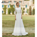 Vestidos de novia bohemios sencillos NumberSea 2021 con cola extraíble, escote redondo, gasa, corte A y mangas 3/4