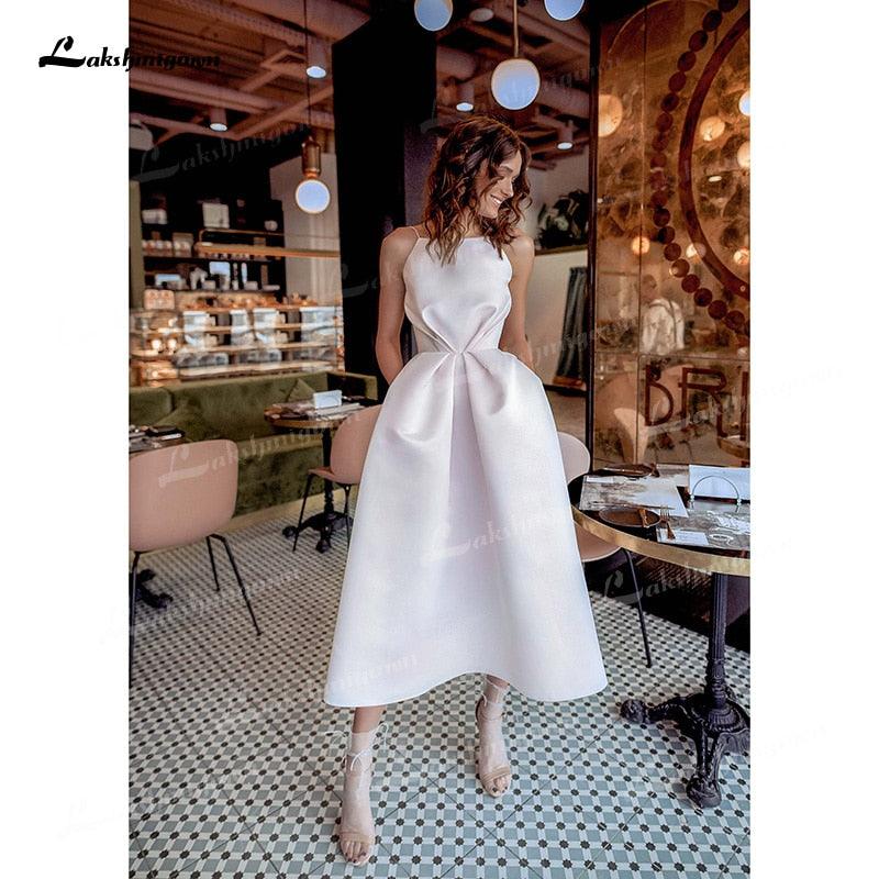 Vestido de novia NumberSea de satén suave, sencillo, corte A, cuello barco, sin mangas, tirantes finos, corsé, espalda abierta, sexy, hasta media pantorrilla, con pliegues