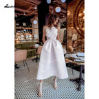 Vestido de novia NumberSea de satén suave, sencillo, corte A, cuello barco, sin mangas, tirantes finos, corsé, espalda abierta, sexy, hasta media pantorrilla, con pliegues