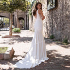 NumberSea - Vestido de novia de sirena, sencillo y sexy, con escote en V, sin mangas, con abalorios, cola de corte, sin espalda, de satén suave