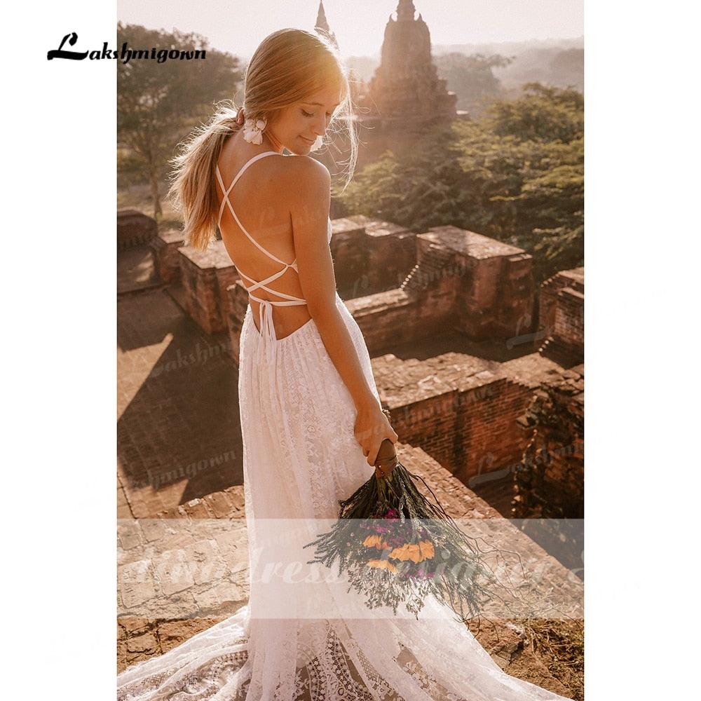 NumberSea Vestido Summer Boho Wedding Dresses Criss-cross Strap Floral Embroidery Bodice Lace Beach Sexy Simple Wedding Bridal Gown