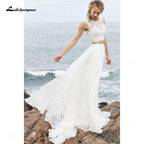 NumberSea - Vestidos de novia bohemios de dos piezas de gasa, corte A, cuello redondo, manga corta, cola larga, apliques, pliegues, encaje, sencillos